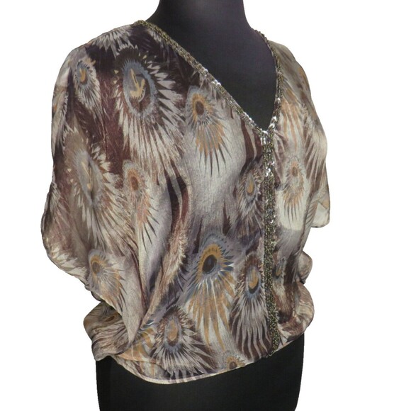 Forever 21 Sheer Feather Print Beaded Elastic Waist Flutter Sleeve Blouse Size L - Picture 2 of 8
